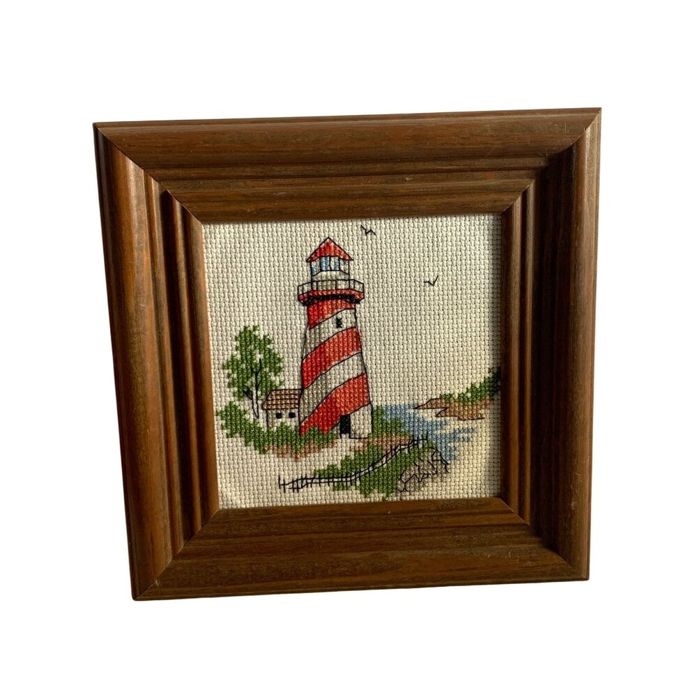 Vintage Lighthouse Cross Stitch Framed Wall Art 7"x7" Rustic Brown Home Décor
